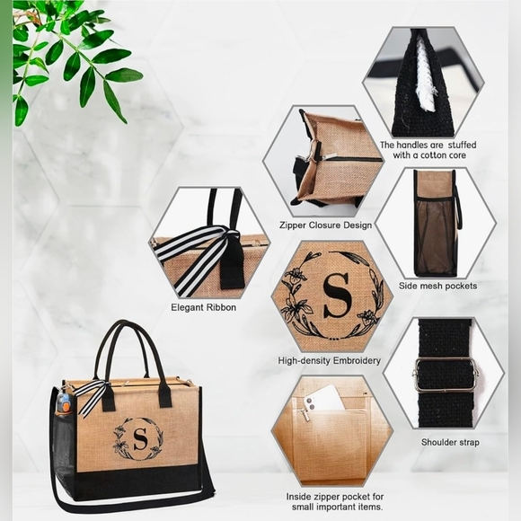 Monogrammed Embroidered Jute Tote Bag Zipper Pocket -Personalized Gift- Letter J - Picture 9 of 11